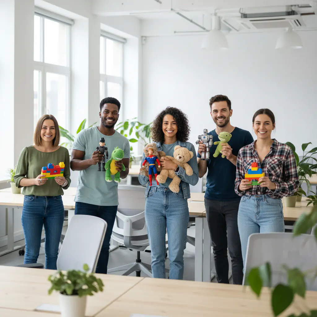 Friendly smiling team members holding toys in a bright modern office