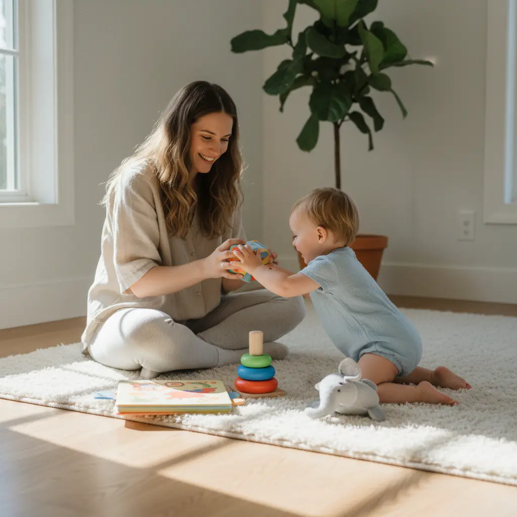 Mother and child playing safely on a soft rug