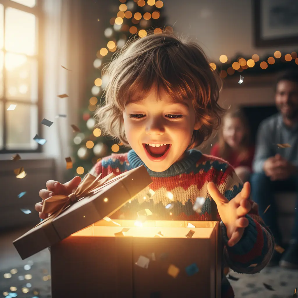 Excited child opening a gift box