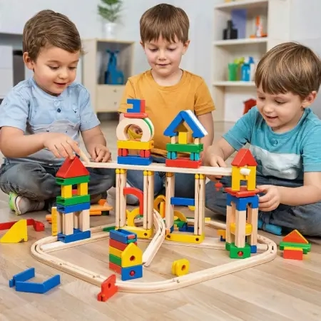 Colorful wooden building blocks set for creative construction
