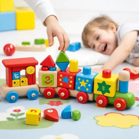 Beautiful handcrafted wooden train set with multiple cars
